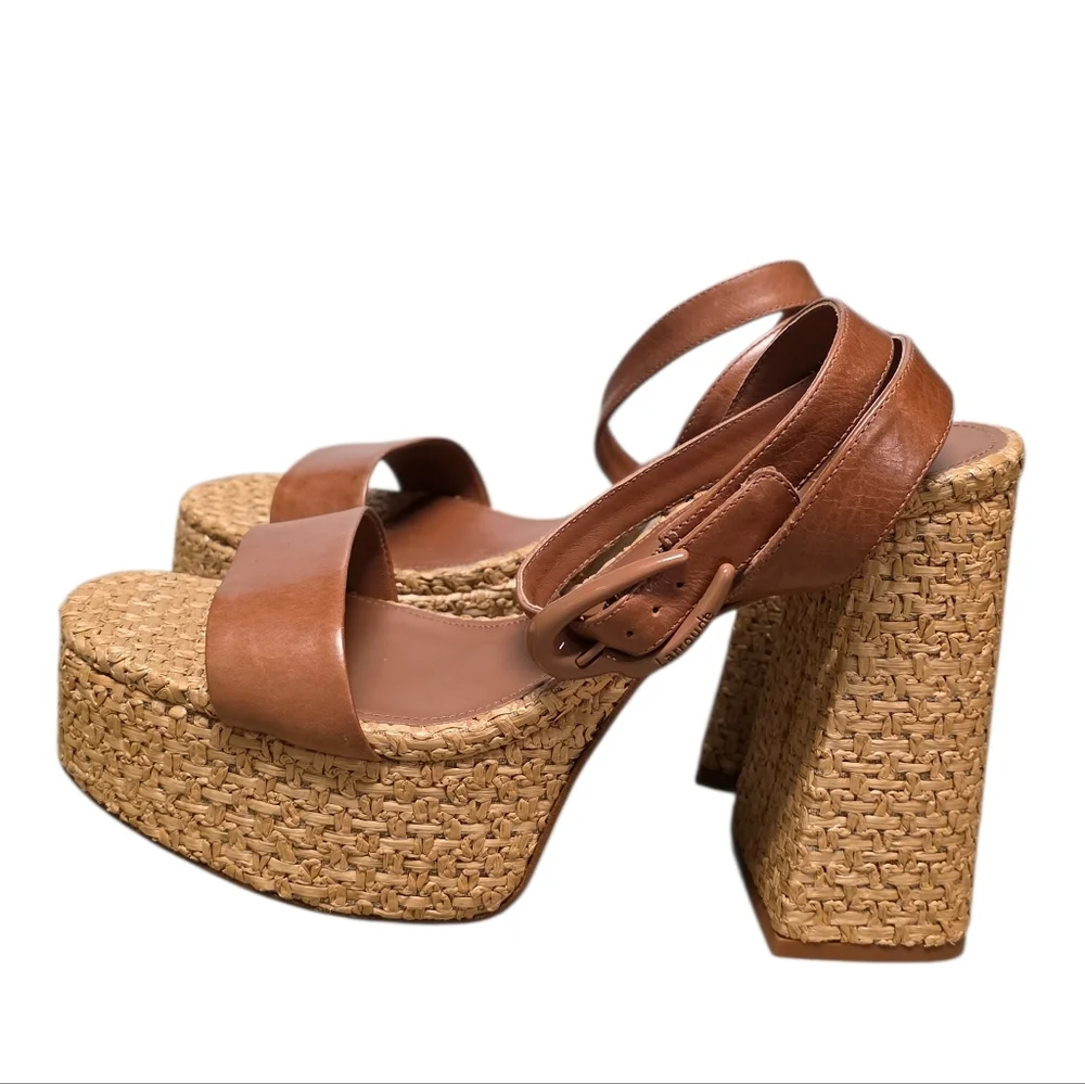 LARROUDE VERONA DOLLY PLATFORM HEEL CARAMEL/RAFFIA 9